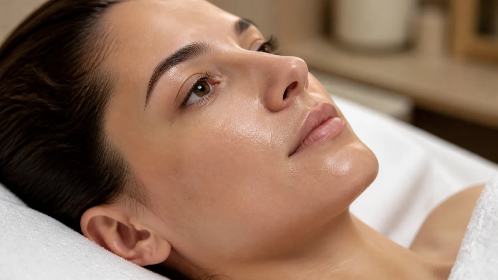 Femeie întinsă pe pat de tratament, cu pielea feței luminoasă după o ședință de microneedling