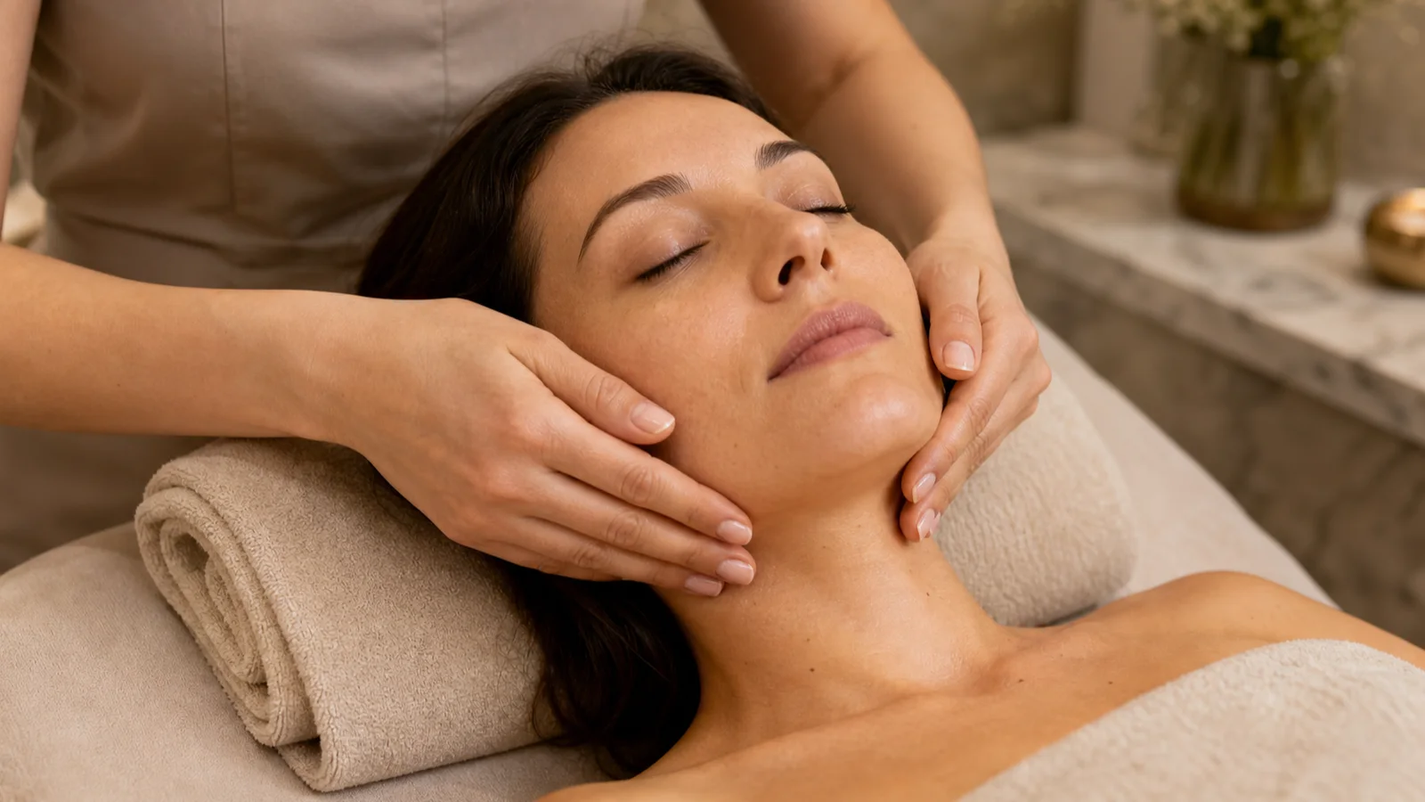 Specialistă Magic realizează un tratament de lifting facial și fermitate unei cliente întinse pe patul de tratament