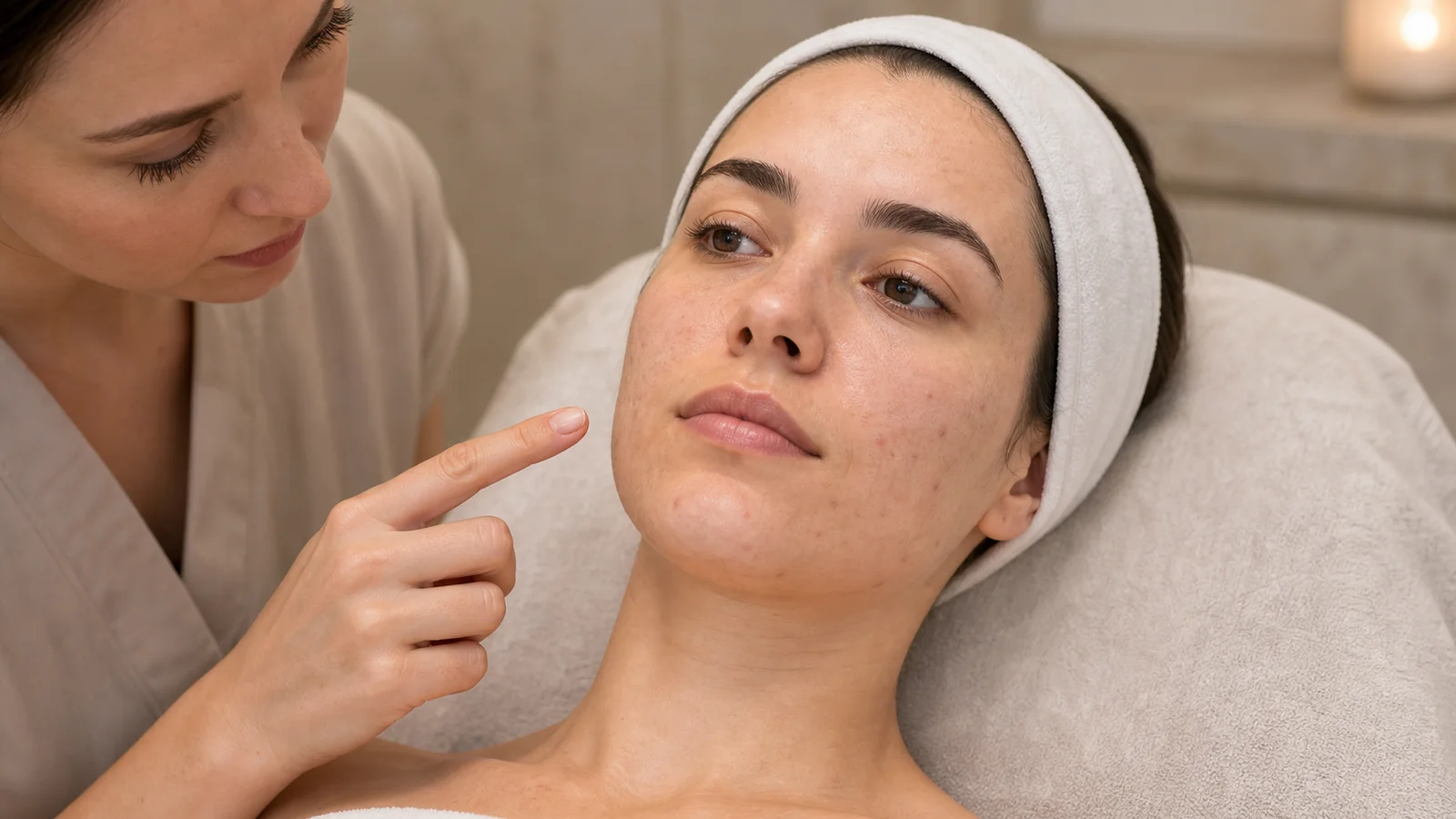 Cosmetician analizând tenul unei cliente cu acnee, înainte de tratamentul facial anti-acnee în salon