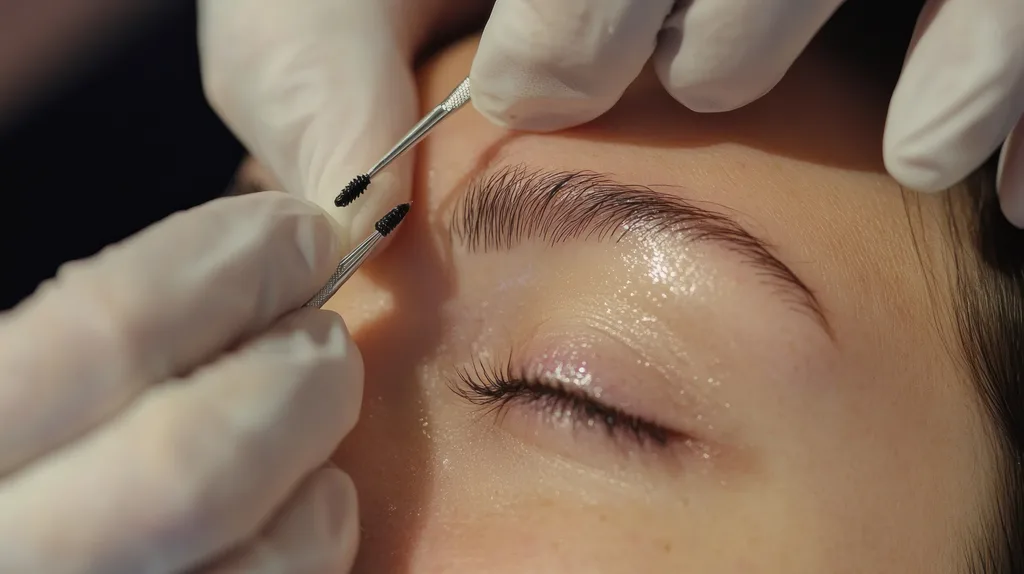 Cosmeticiană cu mănuși aranjând cu periuța sprâncenele unei cliente