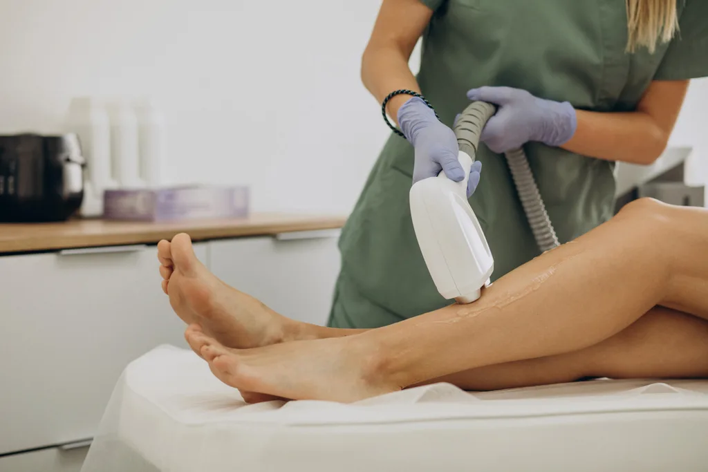 Specialistă cu mănuși aplicând epilarea definitivă cu laser pe gamba unei cliente