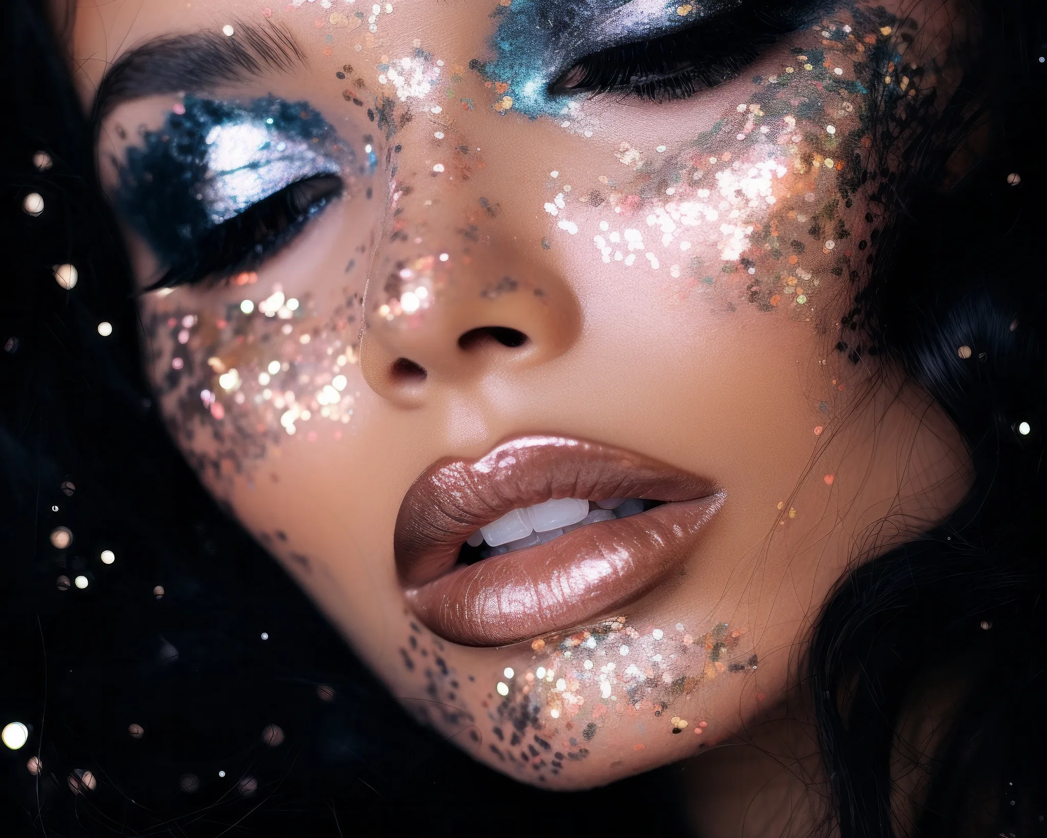 Machiaj artistic cu glitter argintiu pentru petreceri și evenimente