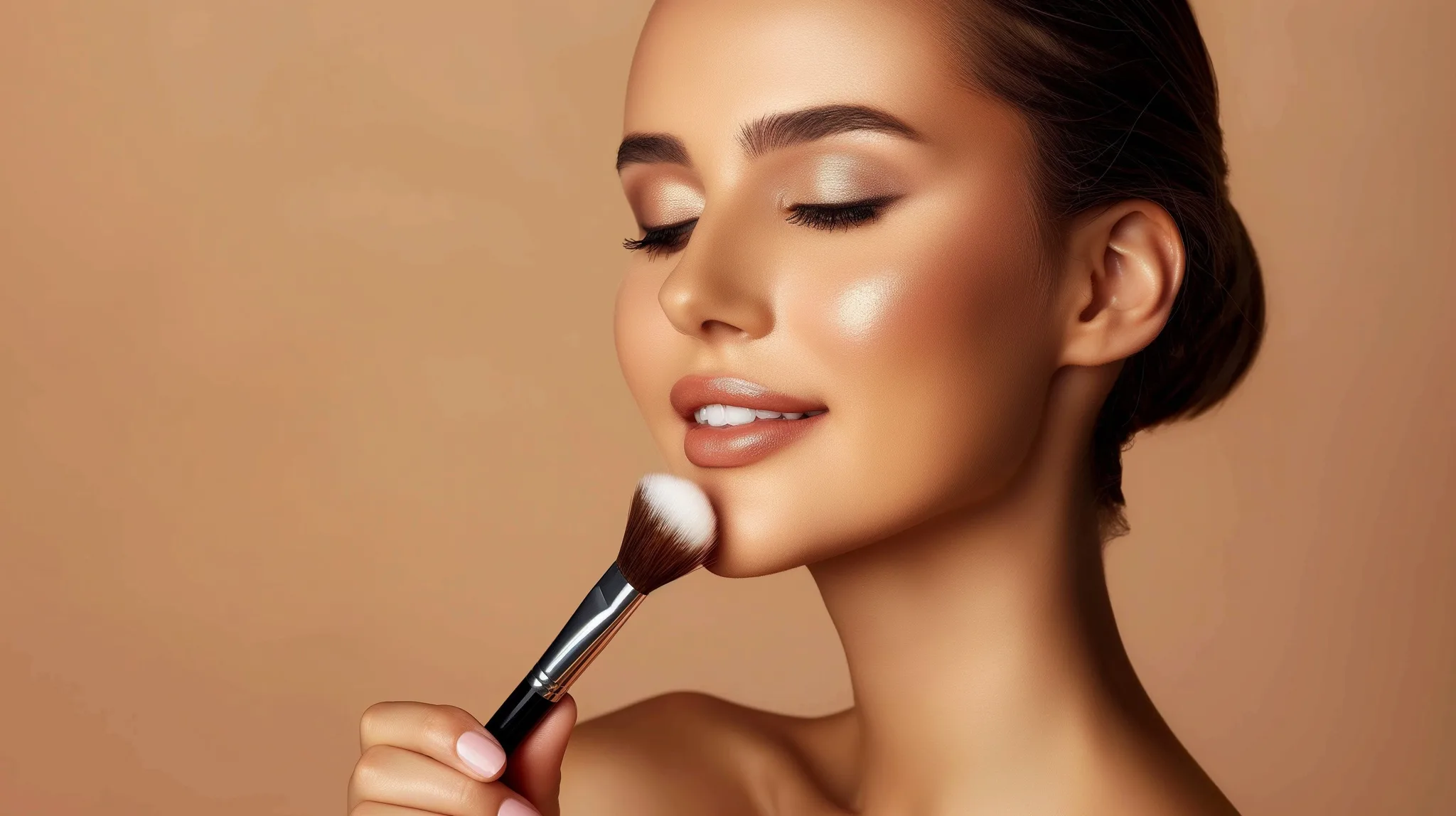 Blush aplicat cu pensula pe un ten cu finish satinat