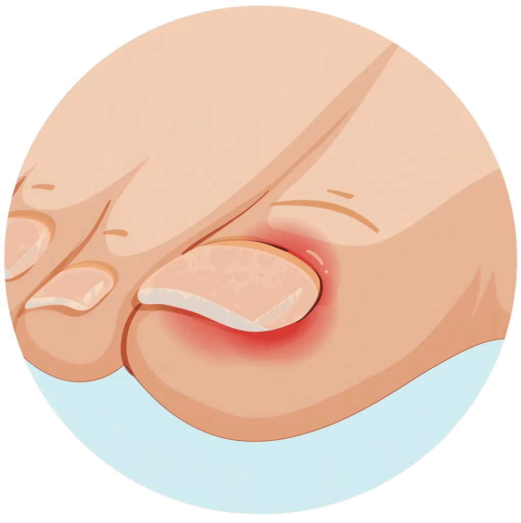 Ilustrație cu unghie încarnată și inflamație la degetul mare, problemă tratată prin podologie