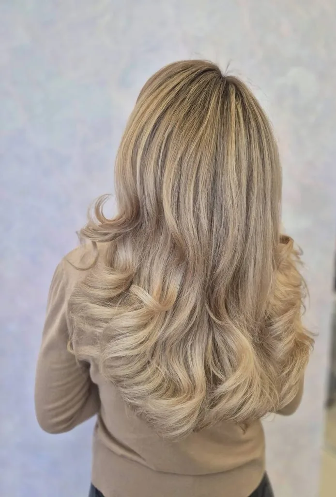 Păr blond nisipiu cu volum, ondulat la vârfuri