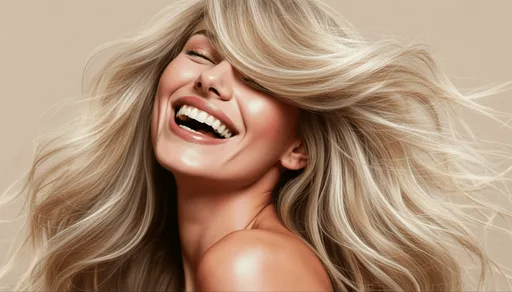 Femeie zâmbind, cu păr blond luminos, voluminos și în mișcare