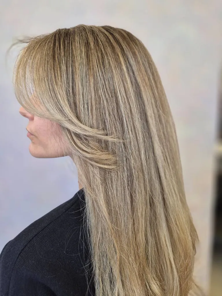Păr lung drept cu reflexe blond bej și breton lateral, din profil