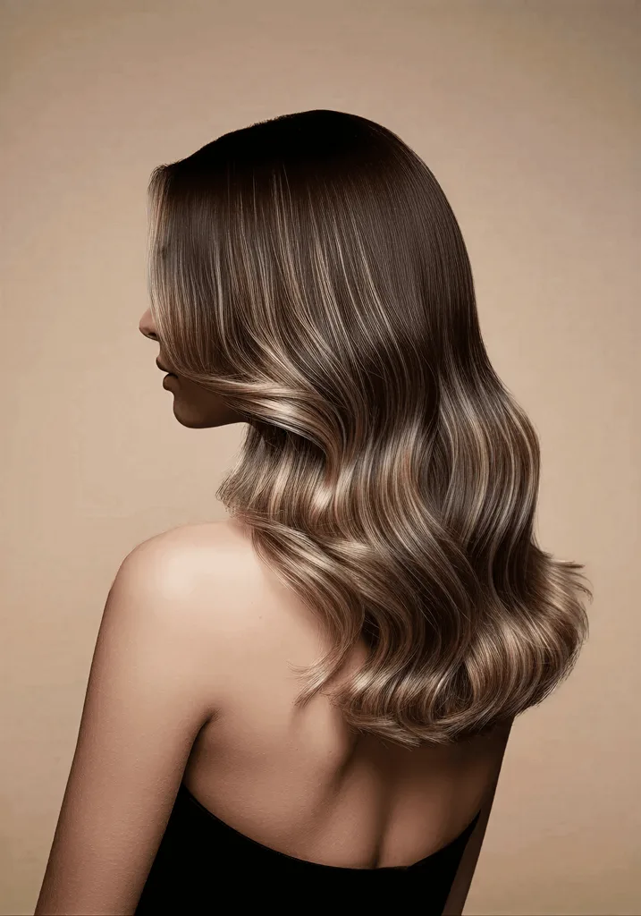Păr în balayage castaniu-blond, cu bucle lucioase